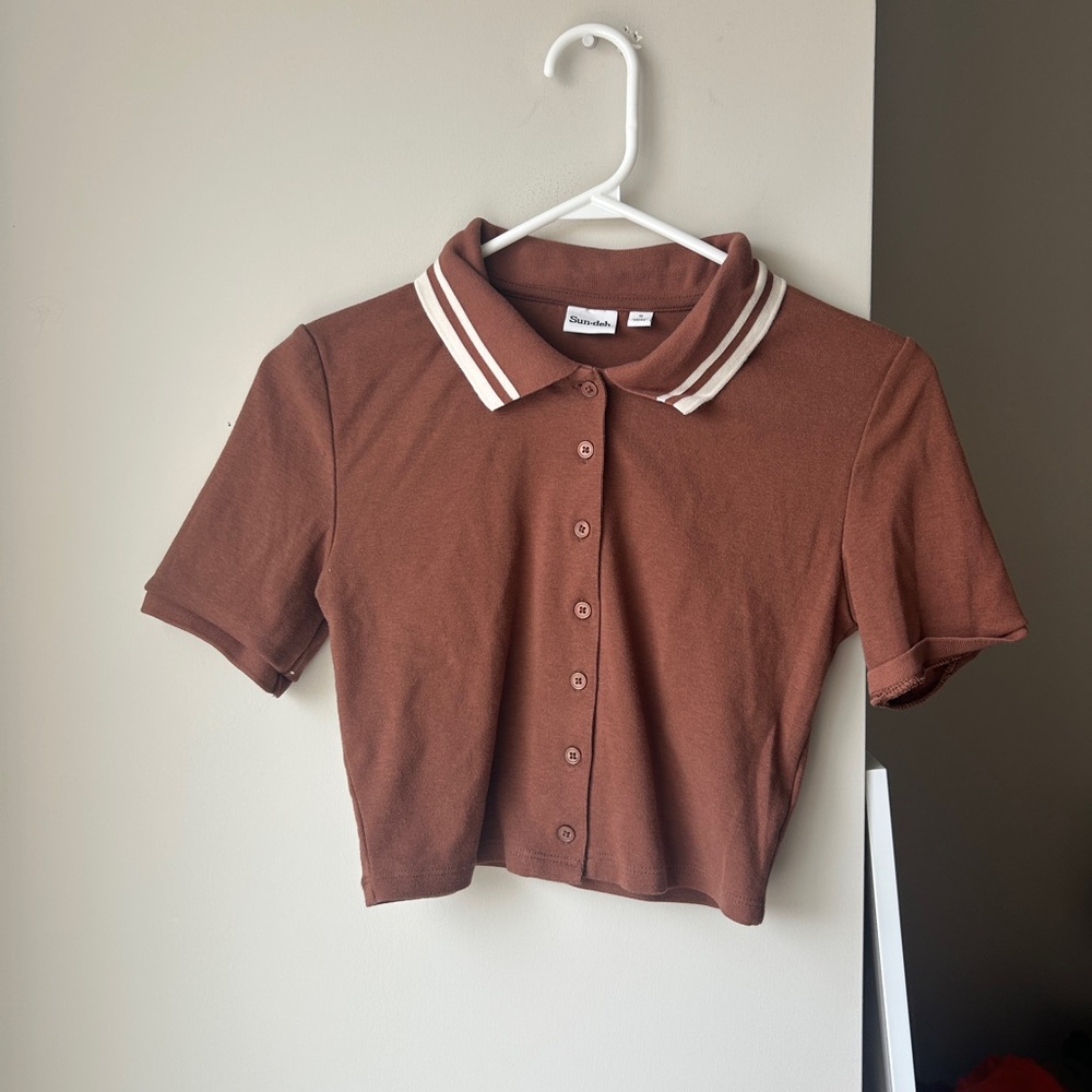 Sunday Best Brown Crop Polo Top with Cream Stripe Collar